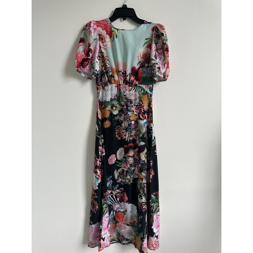 Mary Katrantzou X Lipsy Puff Sleeve Midi Dress Flora & Fauna Art Print Size 2 US